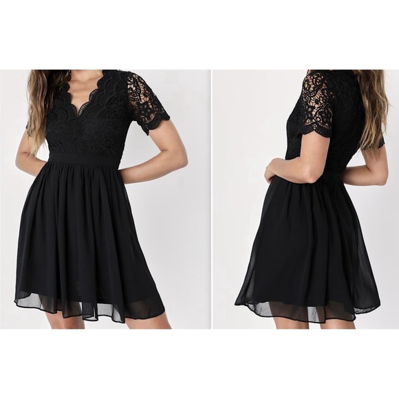 Lulus Dresses & Skirts - Lulus Angel in Disguise Black Lace Fit Flare Skater Dress Short Sleeve M NWT